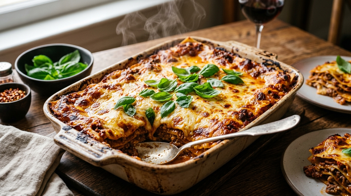 Lasanha de Carne Moída Tradicional com Molho Caseiro e Muito Queijo
